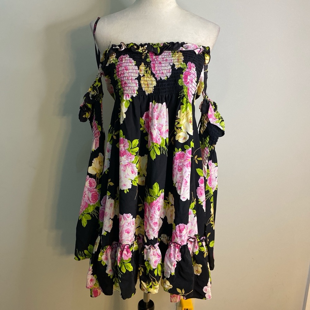 y2k silk Betsey Johnson Floral Smocked Off Shoulder Mini Dress with bell sleeves